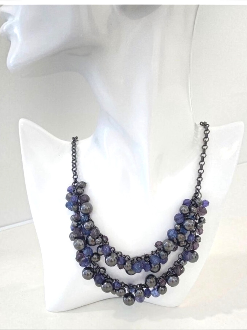 Layered Gunmetal & Purple Beaded Statement Necklace Vintage Y2K Grunge Gothic Ae